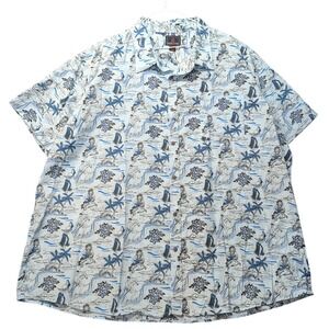 Swiss Cross Hawaiian Button Up Aloha Shirt Dolphin Hula Palm Tree Relaxed Fit